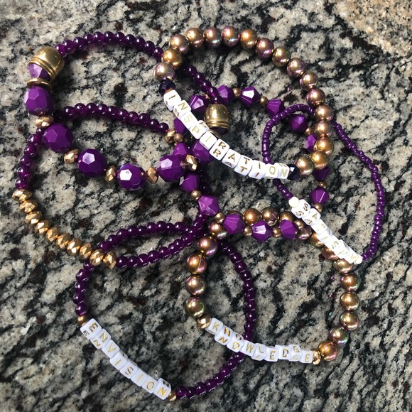 purple wood words 7 set bracelet stretch stacking layered gold luxury bundle lot - Picture 4 of 7